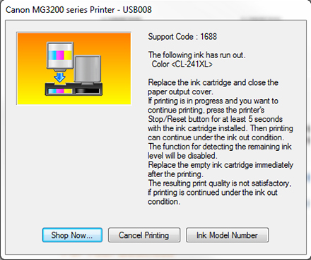 canon printer error codes - ink has run out